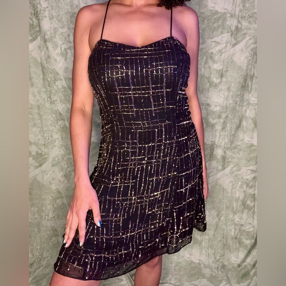 Black Sequined Chelsea + Violet Sleeveless Mini Dress